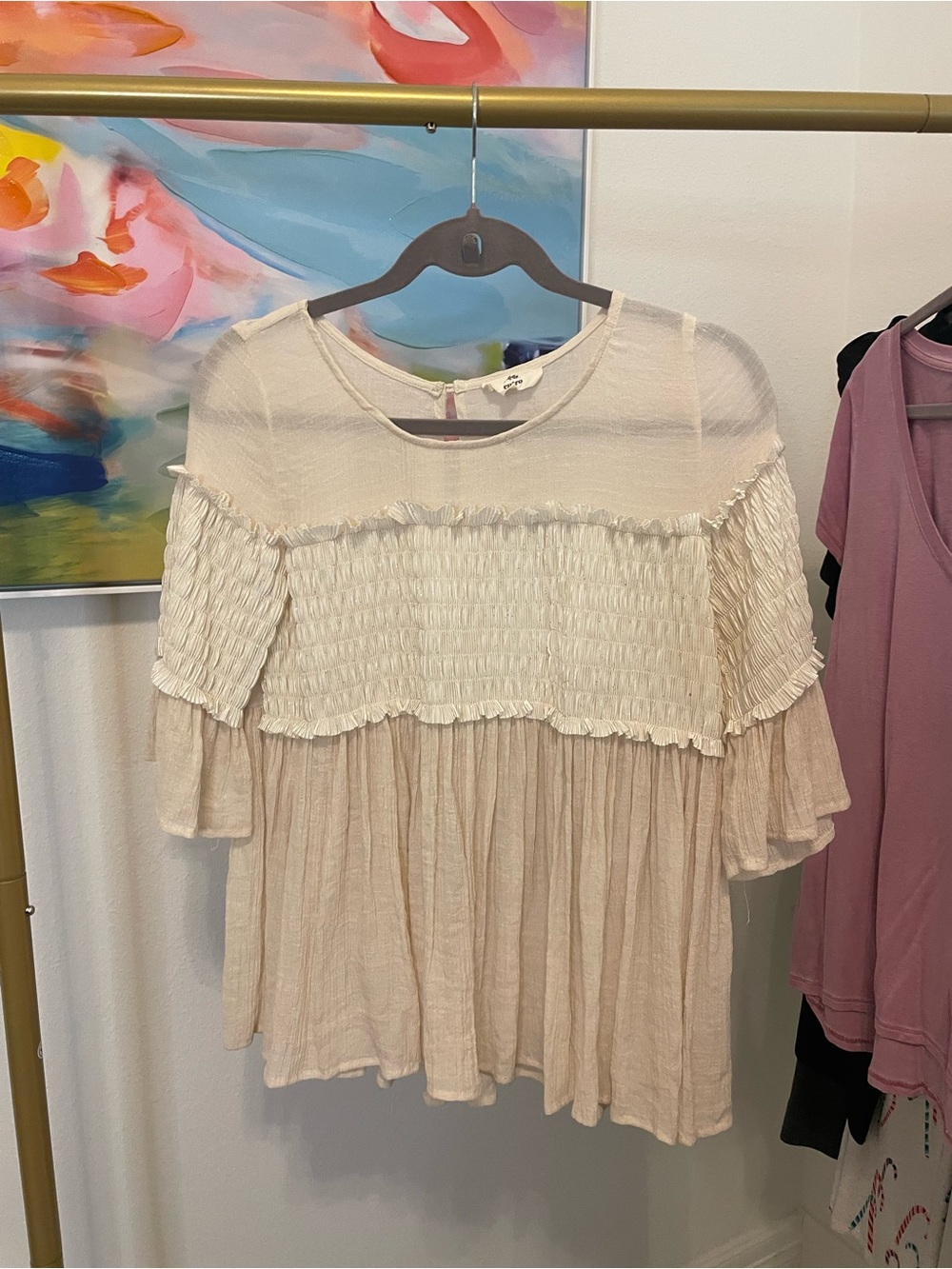 Entro Cream Smocked Ruffle‎ Peasant Blouse cottage boho babydoll
